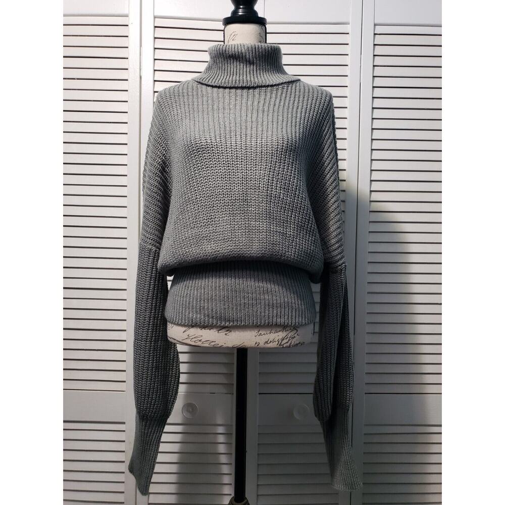 Fashion Nova Helena Sweater Womens Medium Heather Gray Balloon Sleeve Turtleneck